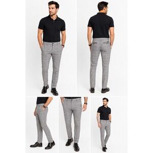 TR Premium Men's Plaid Tailored Pants 32 Gray Blue Stretch Slim Fit Trousers